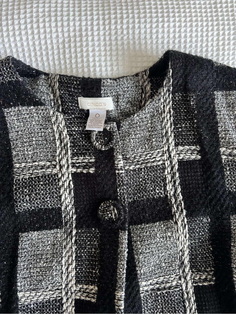 Chico's Black and White Tweed Plaid Button Jacket